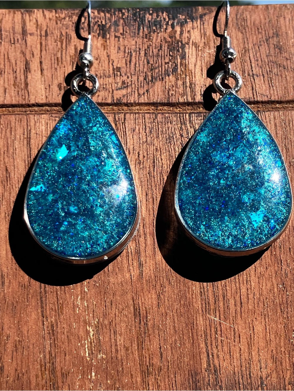 Blue opal inspired teardrop resin dangle earrings